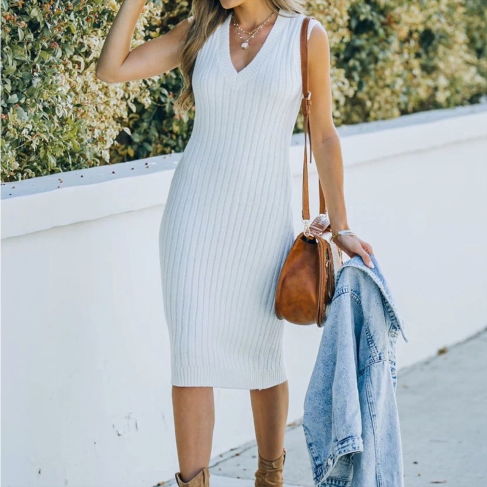 White / cream ribbed knit midi dress